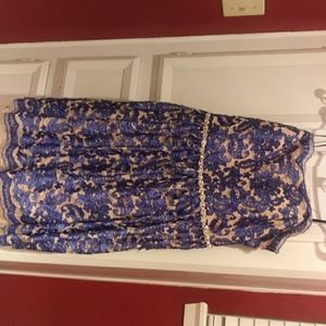 Strapless blue and tan dress